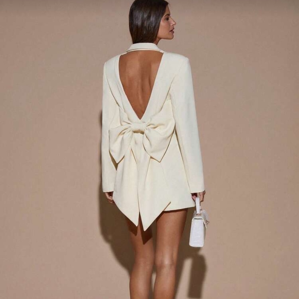 Women's Solid Apricot Sexy Deep V Backless Long Sleeve Blazer Dress,